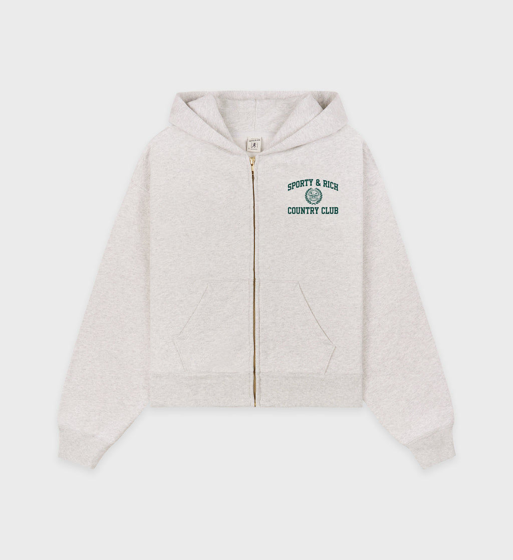 Sporty and Rich Varsity Crest Cropped Zip Hoodie - Heather Gray/Forest