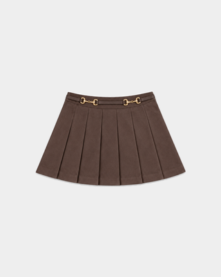 Chocolate Anais Riding Skirt featuring a pleated design and gold-tone horsebit hardware at the waist.