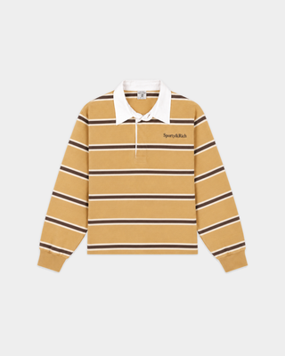 Blondie Serif Logo Rugby Polo in camel, chocolate, and cream horizontal stripes with a white collar.