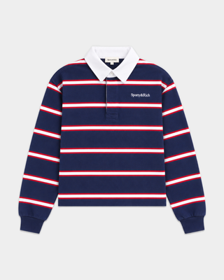 Blondie Serif Logo Rugby Polo in dark navy, ruby, gray, and white features long sleeves, bold horizontal stripes, and a classic white collar—perfect for capturing that vintage collegiate or Ivy League style.