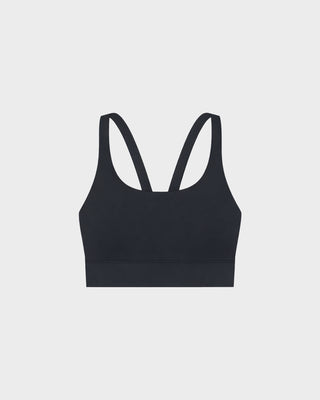 Billie Bold Logo Sports Bra in black, designed for high-impact workouts, displayed on a plain white background.