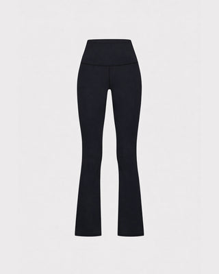 Beck Bold Logo Flared Legging - Black features a high-waisted, flared leg silhouette crafted from technical stretch fabric, shown on a plain white background.