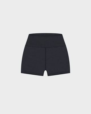 Black high-waisted athletic shorts with a front seam detail, shown flat on a light gray background.