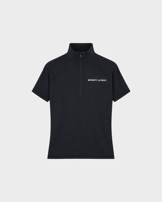Fredj Bold Logo SS Sports Quarter Zip - Black: This fitted black short-sleeve workout top features a quarter zip and mock neck, with “Sporty & Rich” in bold white text on the left chest. Designed to combine style and comfort, it offers an elevated athletic look against a crisp white background.