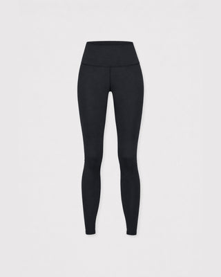 Black high-waisted leggings shown on a ghost mannequin against a light gray background.