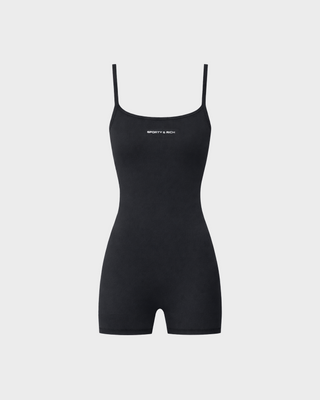 A black sleeveless camisole-style romper with thin shoulder straps and a scoop neckline, featuring a small white 'SPORTY & RICH' logo printed on the chest, shown against a light gray background.