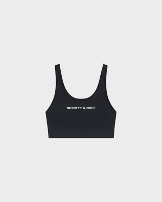The Florian Bold Logo Active Bra in black features a racerback silhouette with bold white SPORTY & RICH text centered on the front, providing comfortable support for your workouts and shown against a light background.