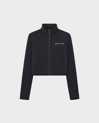 Freya Bold Logo Sports Jacket - Black: A black zip-up, long-sleeve cropped performance jacket crafted from technical stretch fabric, featuring “SACONY & RICH” text on the left chest, shown on a white background.