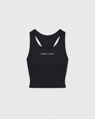 A black racerback tank top with a white 'SPORTY & RICH' logo printed on the chest, displayed flat against a light gray background.