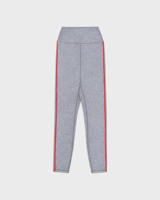 Gray heathered athletic leggings with red and white side stripes, shown flat against a light gray background.