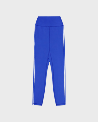 Bora Bold Logo Legging in vibrant blue, ankle-length with double white side stripes in technical stretch fabric.
