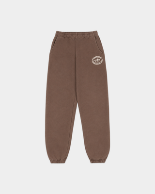 Chocolate Brianno Riding Club Jogger sweatpants with an elastic waistband, cuffed ankles, and a circular hip logo.