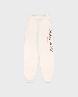 Off-white sweatpants with a black cursive logo and small red text on the left leg, shown against a light gray background.