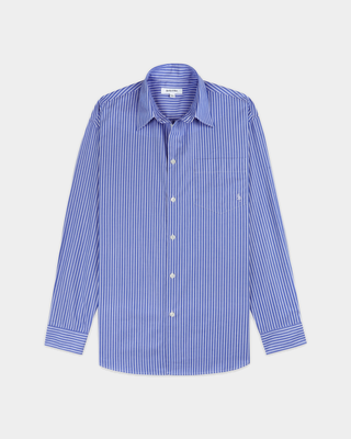 Coco SRC Oversized Shirt - Blue Striped: an oversized blue and white vertical striped button-down with a chest pocket.