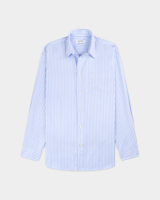 Coco SRC Oversized Shirt in a light blue and white vertical stripe pattern with a relaxed-fit, long-sleeve design.