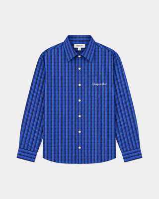 Coco Signature Logo Oversized Shirt in a relaxed-fit, long-sleeved blue checkered button-down style with a pocket.