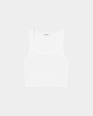 Prici Signature Logo Comfort Baby Tank in white, displayed sleeveless and laid flat on a light gray background.