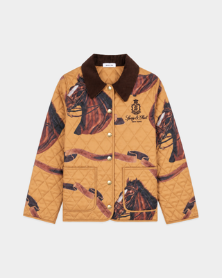 Darcy Vendome Quilted Jacket - Camel/Tan with a brown corduroy collar, horse print, and a snap-button front.