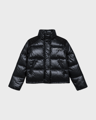 A black puffer jacket with horizontal quilting, a stand-up collar, and a small white 'SPORTY & RICH' logo on the left chest, displayed against a light gray background.