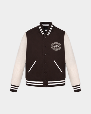 Diana Riding Club Wool Varsity Jacket in chocolate and oatmeal with a circular horse-and-rider logo on the chest.