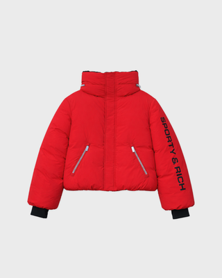 Bright red Drea Bold Logo Ski Jacket - Rosso with black text on the left sleeve and zippered pockets.