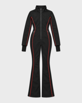 A black long-sleeve jumpsuit with a high collar and front zipper, featuring distinctive red piping details running along the sides and down the legs, shown against a light gray background.