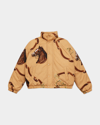 Dustin Vendome Snow Puffer - Camel: tan puffer jacket with a brown horse head and bridle print.