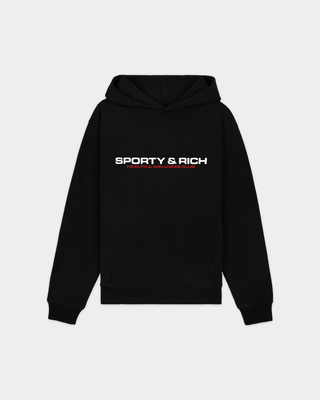 A black pullover hoodie with 'SPORTY & RICH' printed in white across the chest, featuring a small red graphic underneath, displayed on a light gray background.