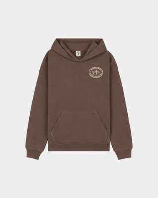 Brown vintage Elaine Riding Club Hoodie - Chocolate with a circular logo on the chest.