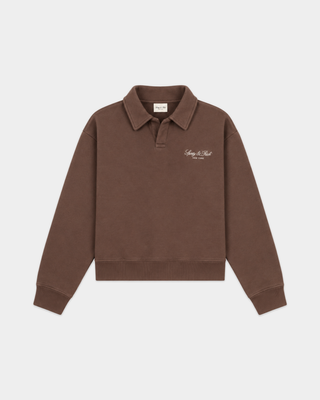 Elfa Vendome Script Embroidered Open Polo - Chocolate: an oversized brown fleece polo with a white chest logo.