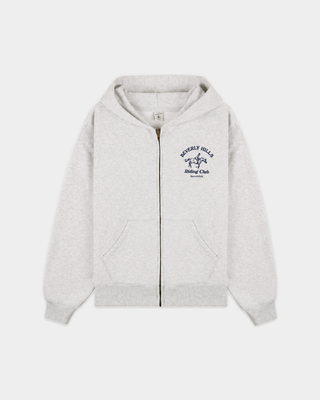 Eliana BH Riding Club Zip Hoodie in heather gray with a navy blue chest graphic.
