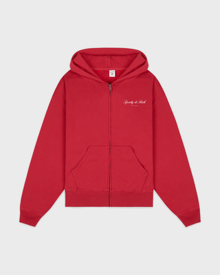 Red hoodie with a brand logo on a white background