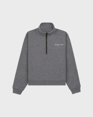 A gray heathered quarter-zip sweatshirt with a mock neck collar and a small white script logo on the left chest, displayed against a light gray background.