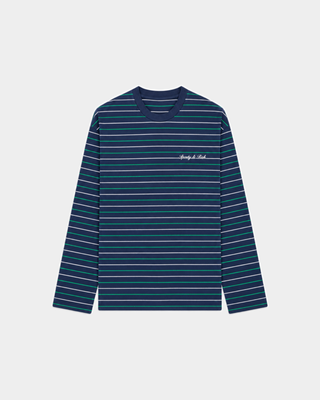 Fale Signature Logo Easy Longsleeve - Dark Navy/ Kelly /Off White striped relaxed-fit shirt with chest embroidery.