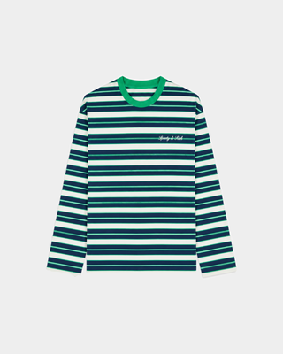 Fale Signature Logo Easy Longsleeve - Kelly/Off White relaxed crewneck with green, navy, and white horizontal stripes.