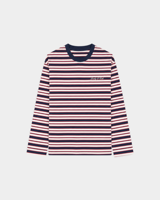 Fale Signature Logo Easy Longsleeve - Navy Red Striped, featuring red, white, and navy stripes with a dark collar, crafted from soft cotton and styled flat on a white background for a relaxed fit look.