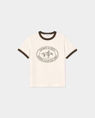 Fatou Riding Club Ringer Tee in cream with chocolate trim and a vintage athletic horse graphic.