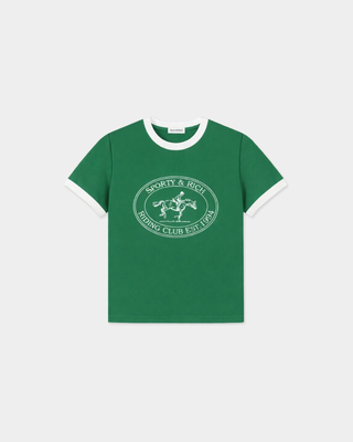 Fatou Riding Club Ringer Tee in Kelly/White with a vintage athletic horse and rider graphic on the chest.