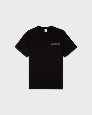 A black short-sleeve crewneck t-shirt with a small white 'SPORTY & RICH' logo printed on the left chest, displayed flat against a light gray background.