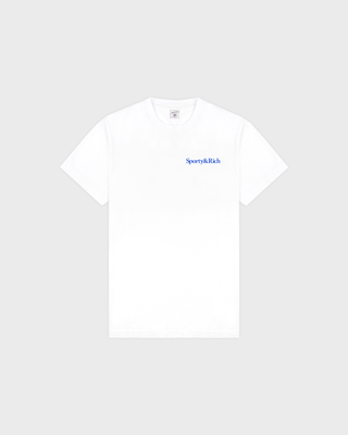 A white short-sleeve crewneck t-shirt with the brand name 'Sporty&Rich' printed in blue text on the left chest, displayed against a light gray background.