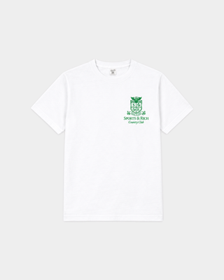 Fema SRCC Tshirt - White: unisex short-sleeve cotton T-shirt with a green Sporty & Rich Country Club chest crest.