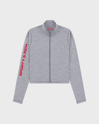 Freya Bold Logo Sports Jacket in medium heather gray with a zip-up front and red text on the right sleeve.
