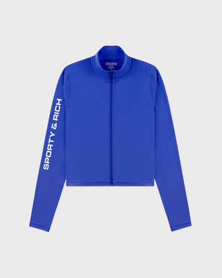 A royal blue zip-up athletic jacket with a stand-up collar and white vertical 'SPORTY & RICH' branding printed on the left sleeve, shown against a light gray background.
