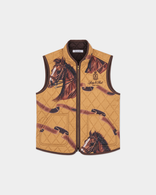 Gemma Vendome Quilted Riding Vest - Camel/Chocolate, a tan quilted equestrian vest with a horse and ribbon print.