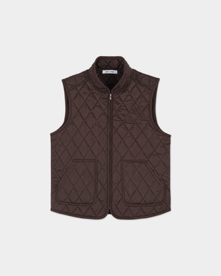 Gemma Vendome Quilted Riding Vest - Chocolate/Chocolat: dark brown quilted equestrian vest with a high collar and pockets.