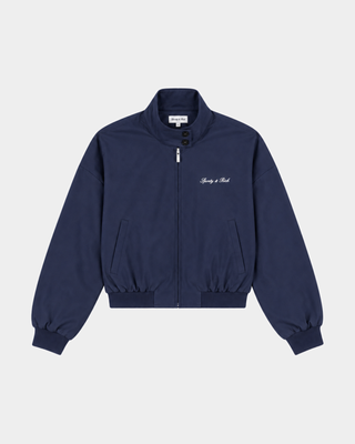 Gora Signature Logo Brighton Jacket in Dark Navy, featuring a collar and Sporty & Rich text on the left chest, laid flat on a white background.