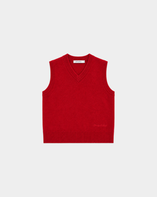 Inao Signature Logo Cashmere Vest in Ruby, a sleeveless V-neck design in vibrant red cashmere, laid flat on a plain white background—ideal for stylish cold-weather layering.