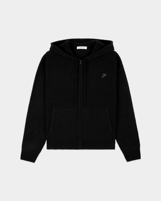 Black Isac S Logo Cashmere Zip Hoodie with a drawstring hood and an embroidered chest logo.
