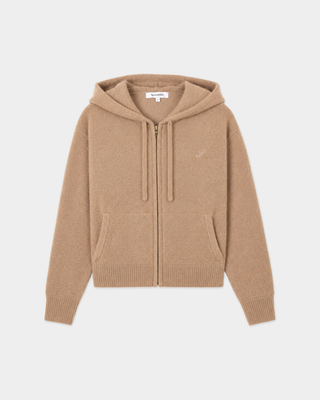 Isac S Logo Cashmere Zip Hoodie in camel, featuring a drawstring hood and an embroidered chest logo.