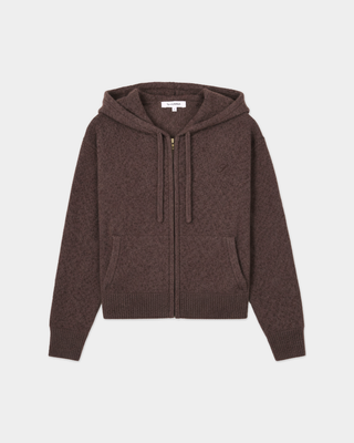Chocolate Isac S Logo Cashmere Zip Hoodie with a hood, drawstrings, and front pockets.